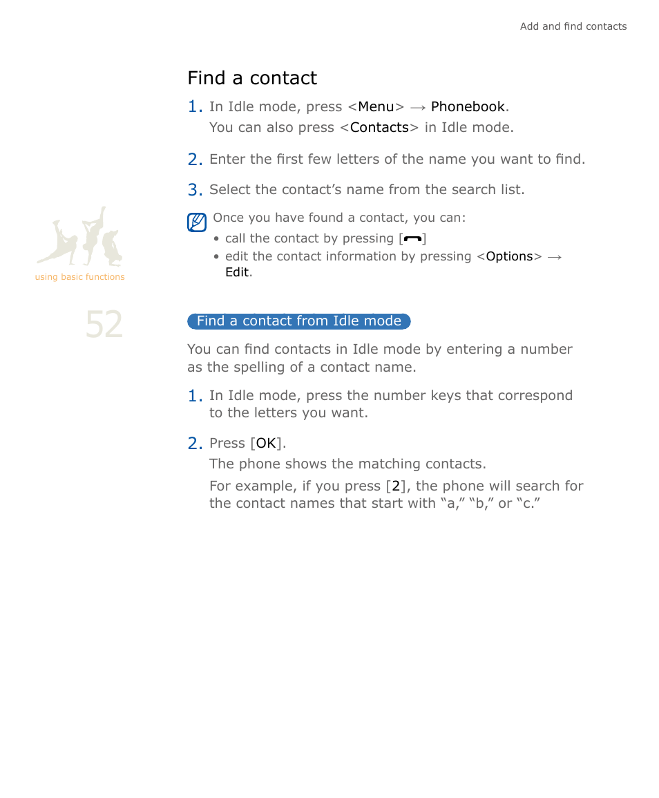 Find a contact, Find a contact from idle mode | Samsung SOUL SGH-U900 User Manual | Page 53 / 152