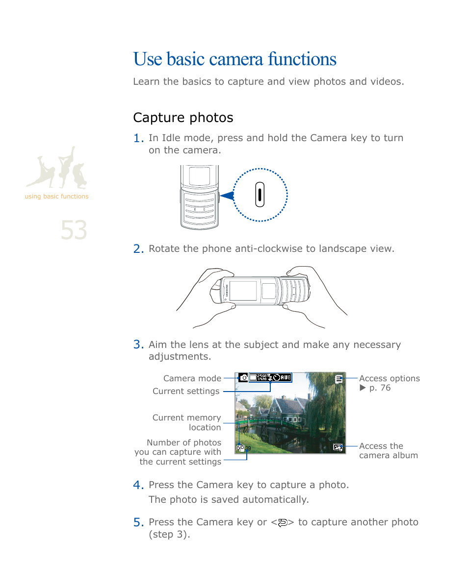 Use basic camera functions, Capture photos, P. 53 | Samsung SOUL SGH-U900 User Manual | Page 54 / 152