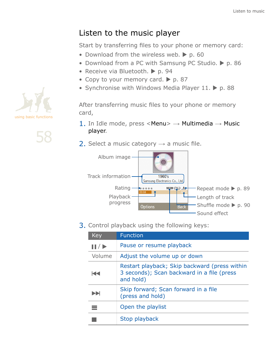 Listen to the music player, P. 58 | Samsung SOUL SGH-U900 User Manual | Page 59 / 152
