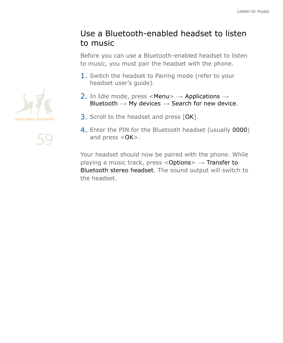 Use a bluetooth-enabled headset to listen to music | Samsung SOUL SGH-U900 User Manual | Page 60 / 152
