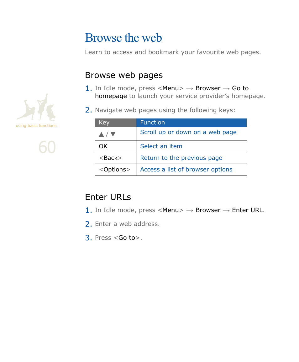 Browse the web, Enter urls, P. 60 | Browse web pages | Samsung SOUL SGH-U900 User Manual | Page 61 / 152