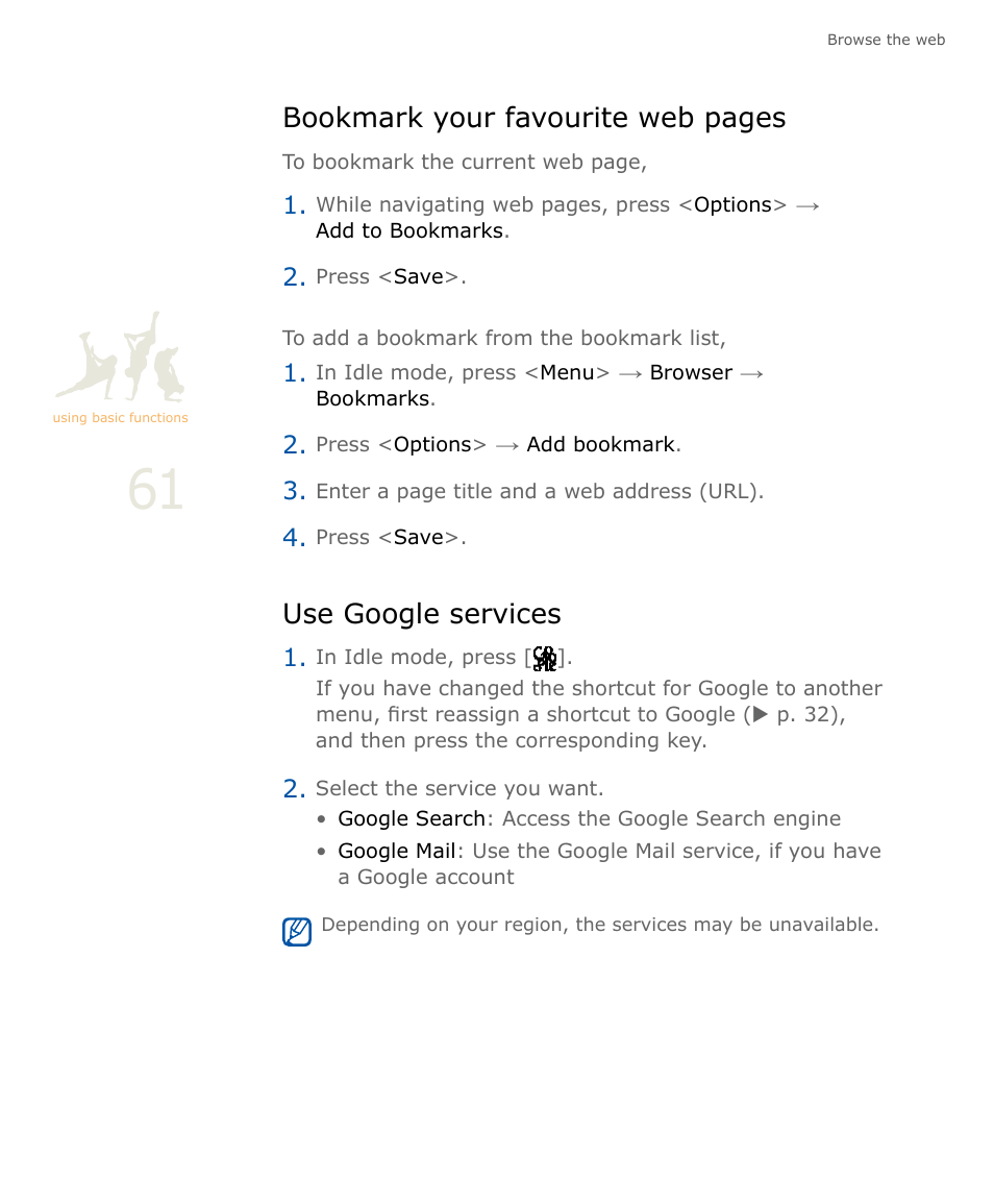 Use google services, Bookmark your favourite web pages | Samsung SOUL SGH-U900 User Manual | Page 62 / 152