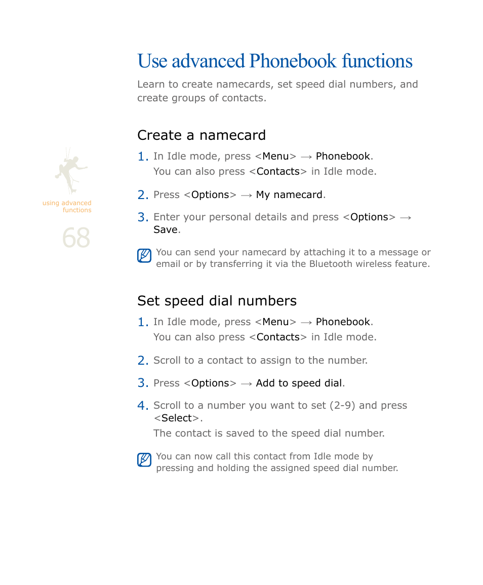 Use advanced phonebook functions, Create a namecard, Set speed dial numbers | Create a namecard set speed dial numbers | Samsung SOUL SGH-U900 User Manual | Page 69 / 152