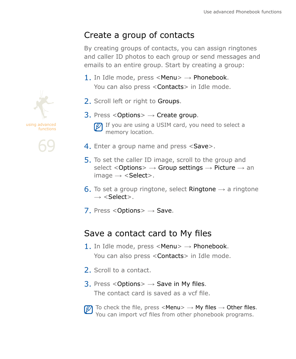 Create a group of contacts, Save a contact card to my files | Samsung SOUL SGH-U900 User Manual | Page 70 / 152