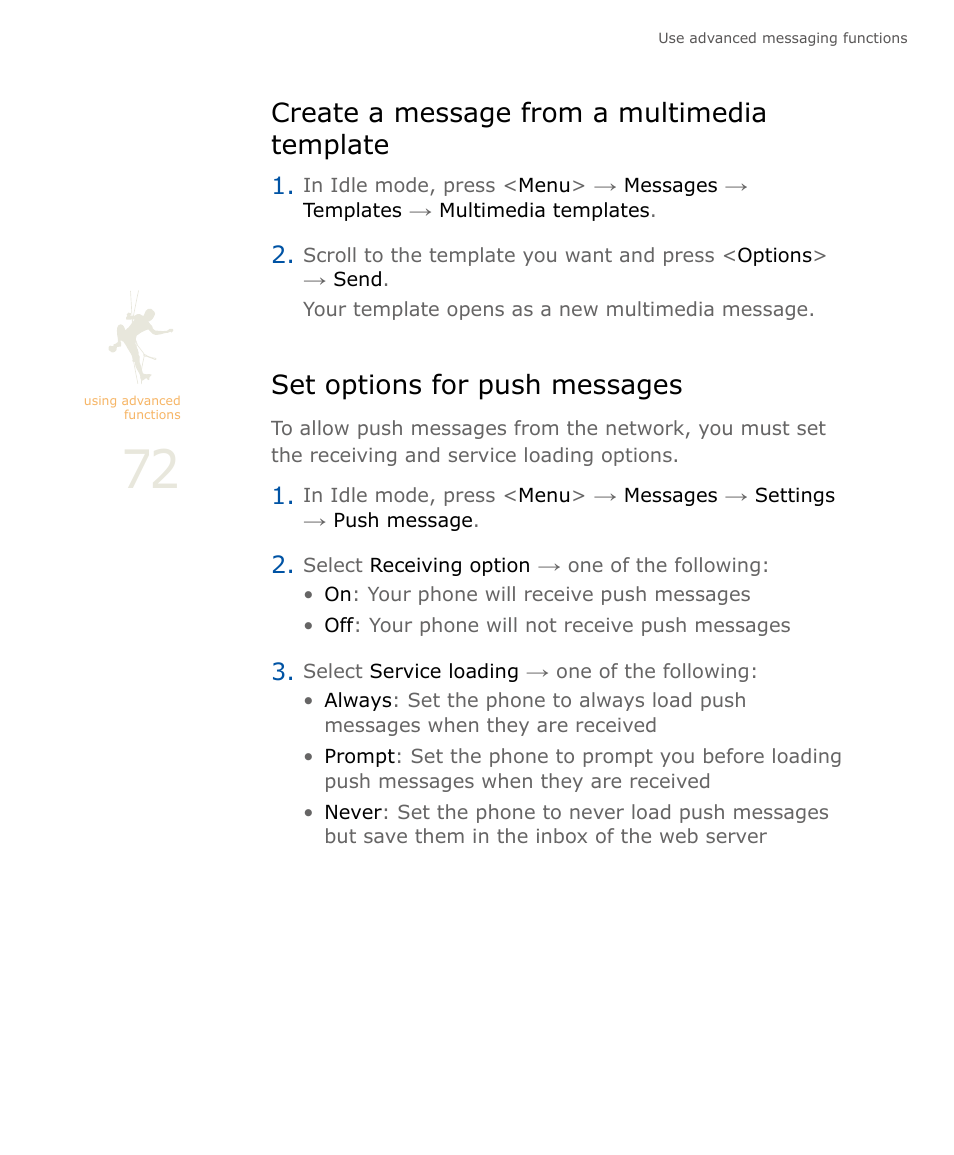 Create a message from a multimedia template, Set options for push messages | Samsung SOUL SGH-U900 User Manual | Page 73 / 152