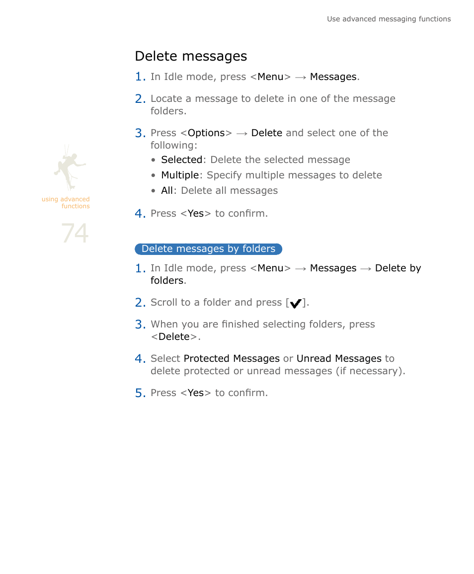 Delete messages, Delete messages by folders | Samsung SOUL SGH-U900 User Manual | Page 75 / 152