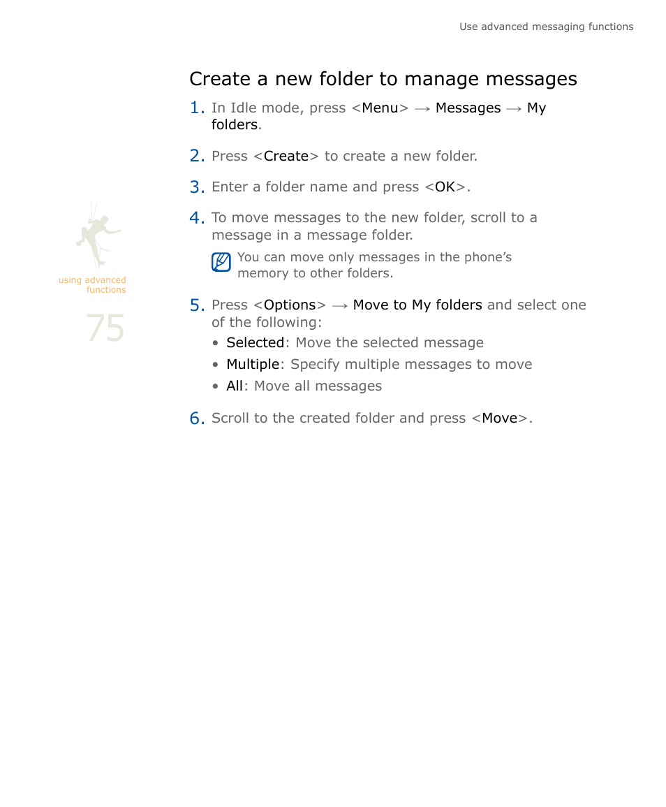 Create a new folder to manage messages | Samsung SOUL SGH-U900 User Manual | Page 76 / 152