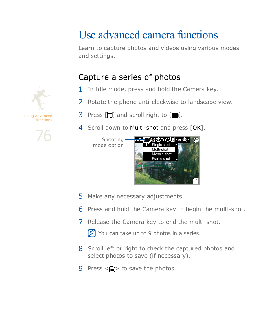 Use advanced camera functions, Capture a series of photos, P. 76 | Samsung SOUL SGH-U900 User Manual | Page 77 / 152