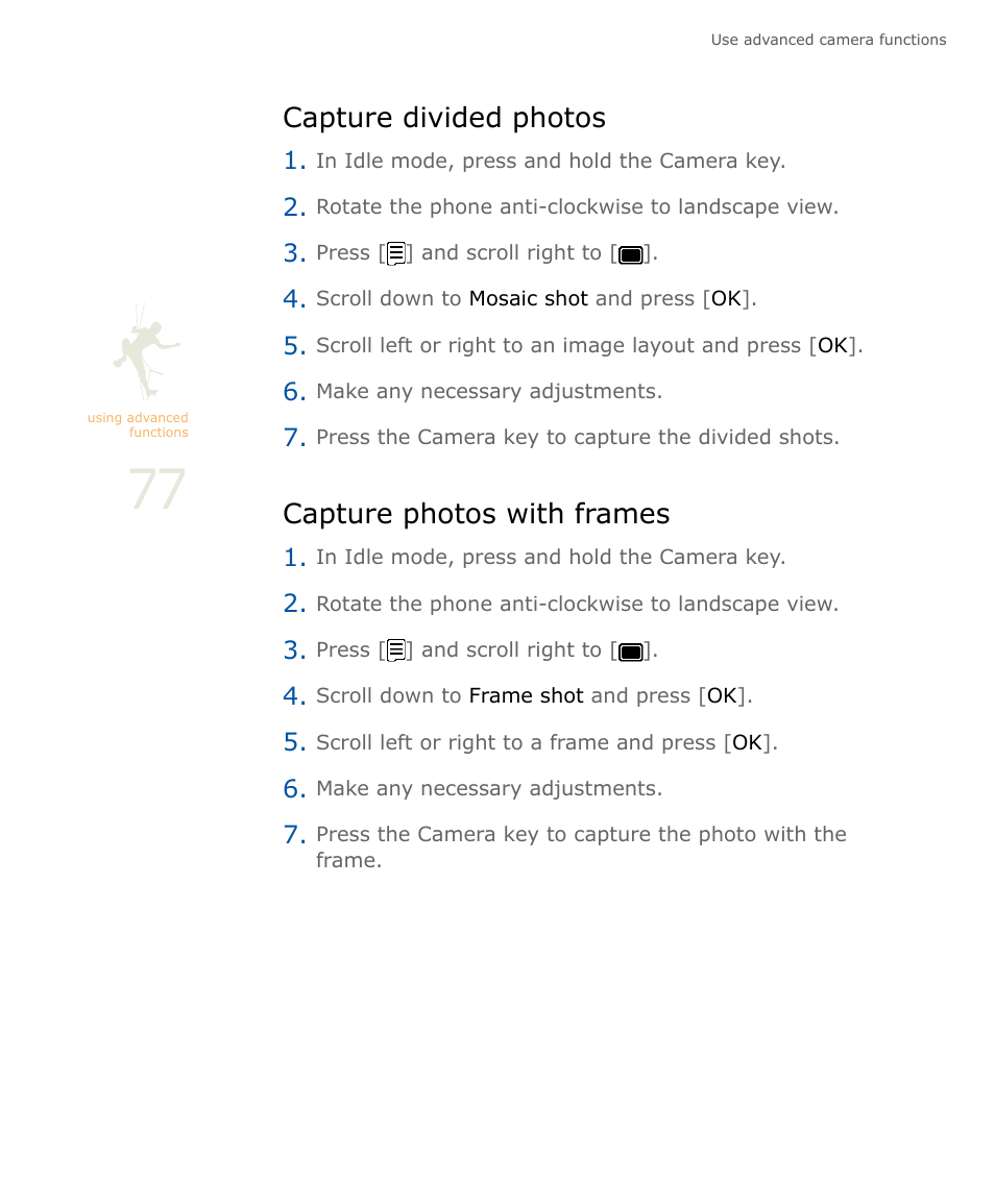 Capture divided photos, Capture photos with frames, Capture divided photos capture photos with frames | Samsung SOUL SGH-U900 User Manual | Page 78 / 152