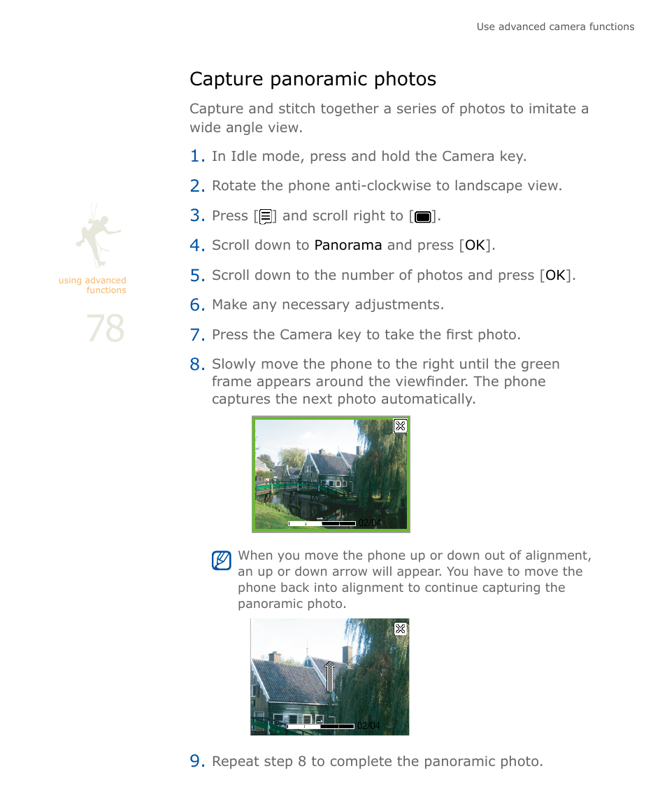 Capture panoramic photos | Samsung SOUL SGH-U900 User Manual | Page 79 / 152