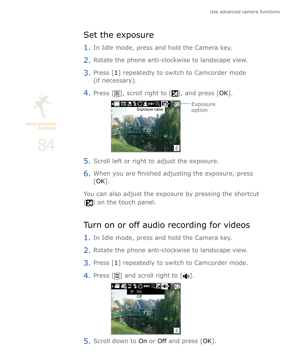 Set the exposure, Turn on or off audio recording for videos | Samsung SOUL SGH-U900 User Manual | Page 85 / 152