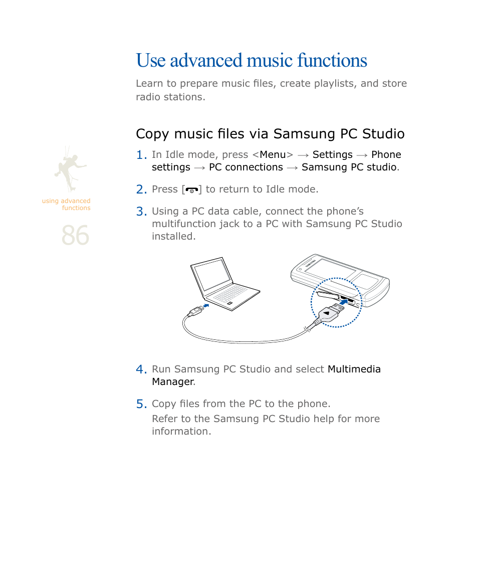 Use advanced music functions, Copy music files via samsung pc studio, P. 86 | Samsung SOUL SGH-U900 User Manual | Page 87 / 152