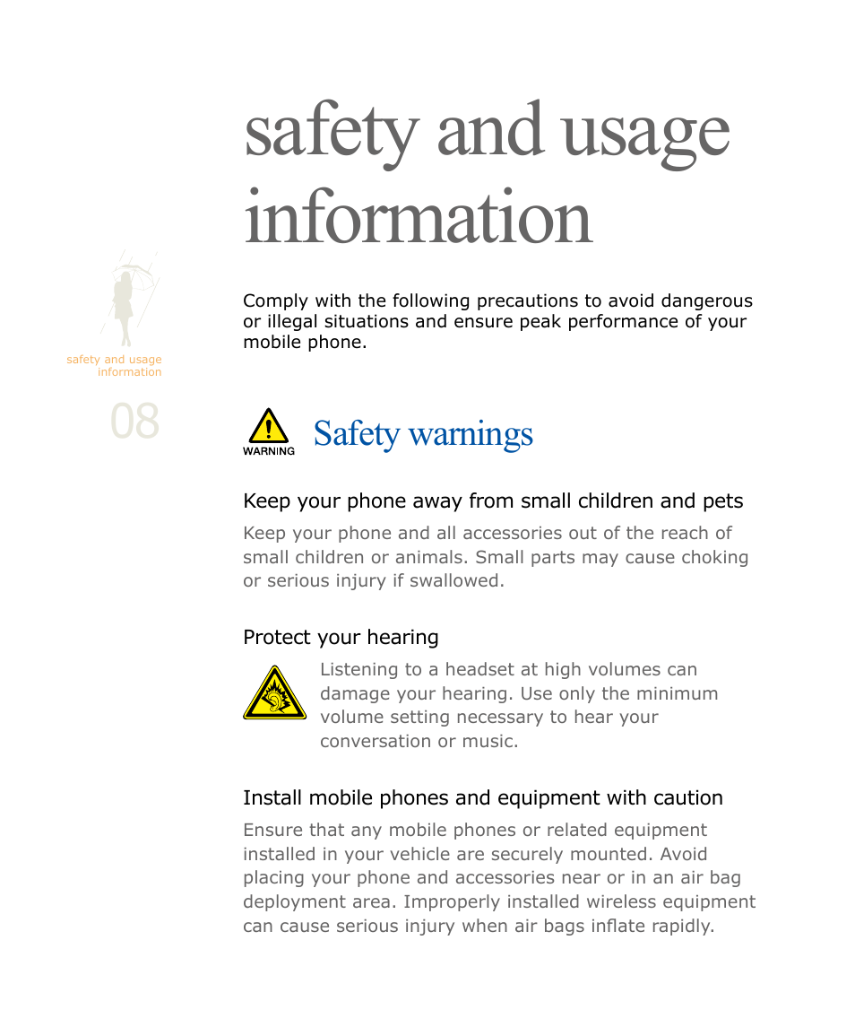 Safety and usage information, Safety warnings | Samsung SOUL SGH-U900 User Manual | Page 9 / 152