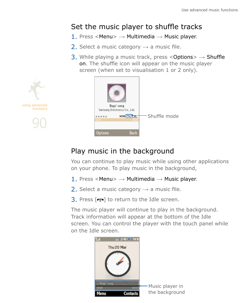 Set the music player to shuffle tracks, Play music in the background, P. 90 | Samsung SOUL SGH-U900 User Manual | Page 91 / 152