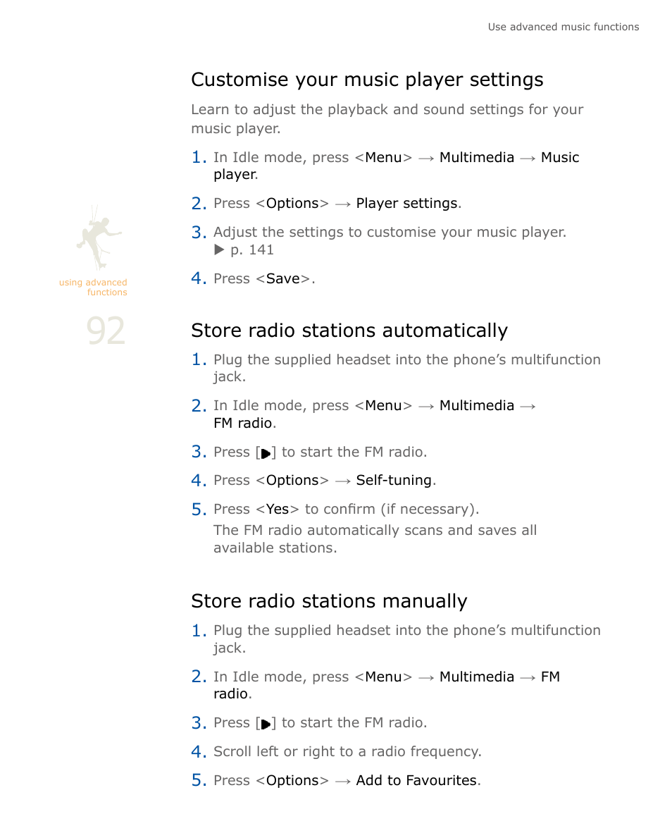Customise your music player settings, Store radio stations automatically, Store radio stations manually | Samsung SOUL SGH-U900 User Manual | Page 93 / 152
