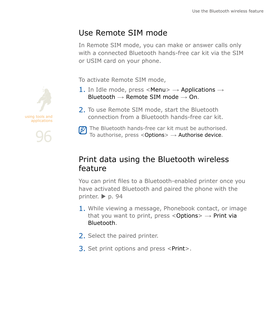 Use remote sim mode, Print data using the bluetooth wireless feature | Samsung SOUL SGH-U900 User Manual | Page 97 / 152