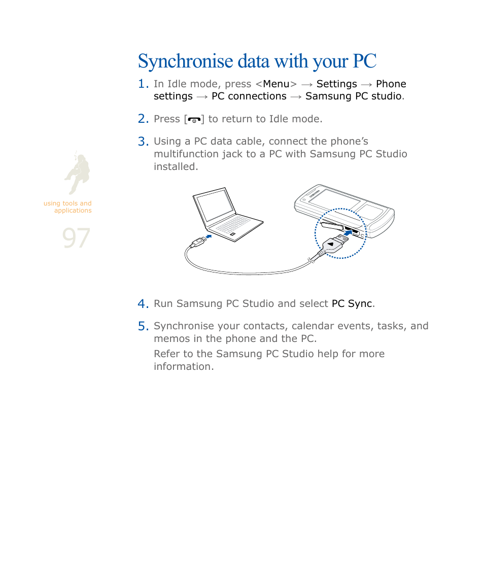 Synchronise data with your pc, P. 97 | Samsung SOUL SGH-U900 User Manual | Page 98 / 152