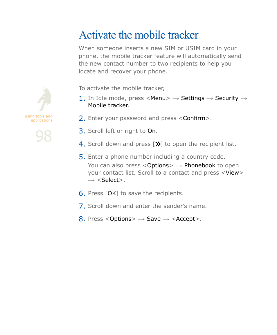 Activate the mobile tracker | Samsung SOUL SGH-U900 User Manual | Page 99 / 152