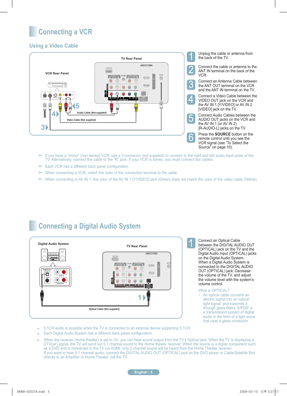 Connecting a vcr, Connecting a digital audio system | Samsung BN68-02027A User Manual | Page 5 / 11