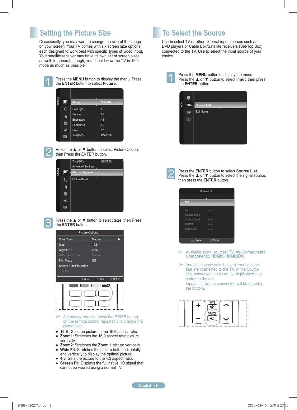 Setting the picture size | Samsung BN68-02027A User Manual | Page 9 / 11