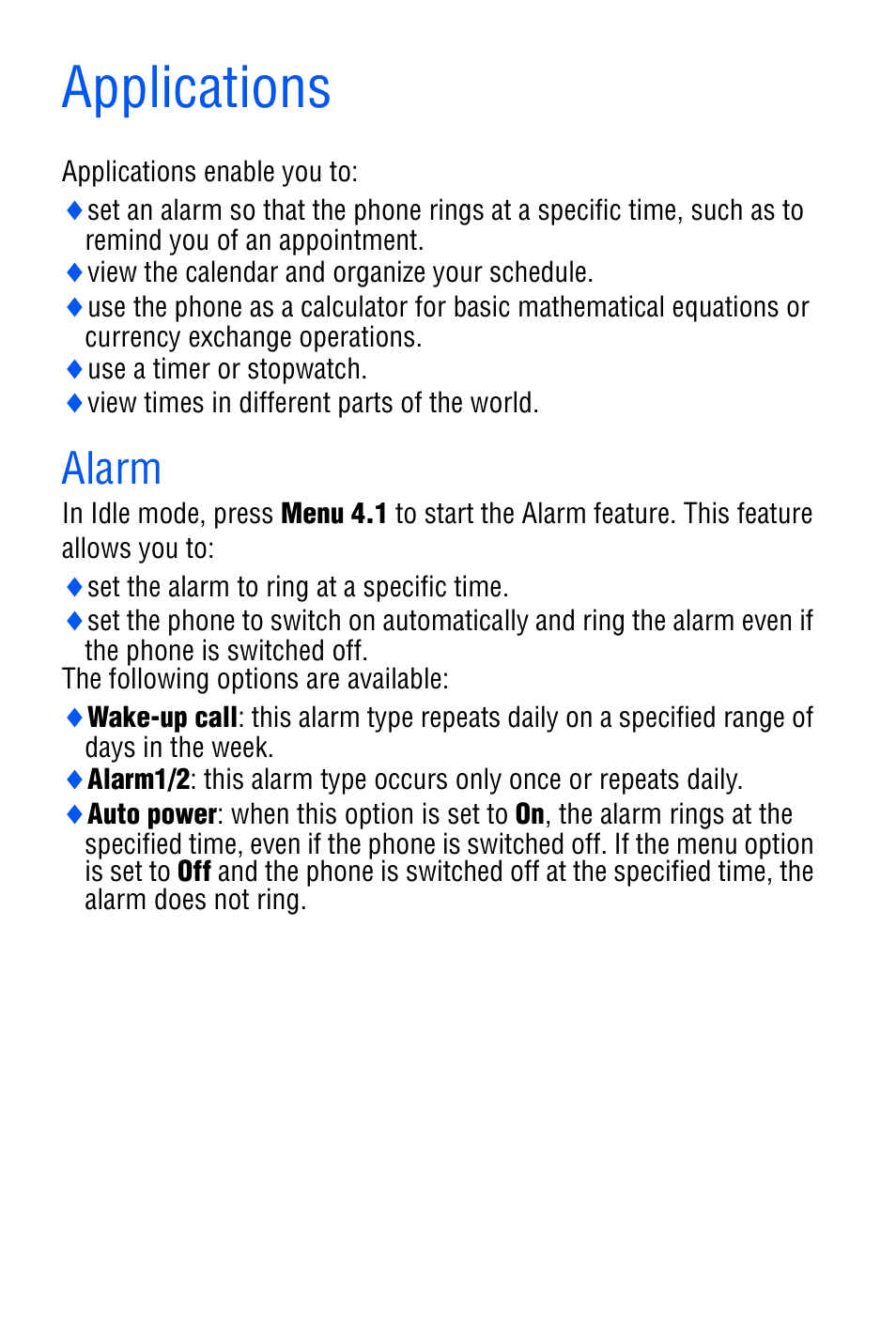 Applications, Alarm | Samsung SGH-D606 User Manual | Page 79 / 185