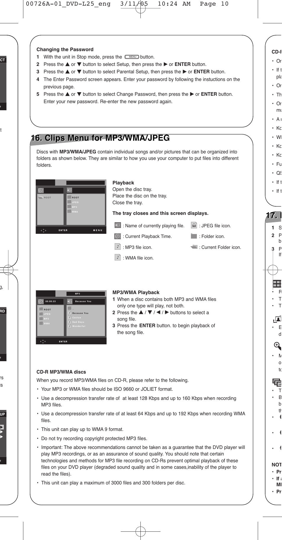 Clips menu for mp3/wma/jpeg | Samsung DVD-L25 User Manual | Page 10 / 12