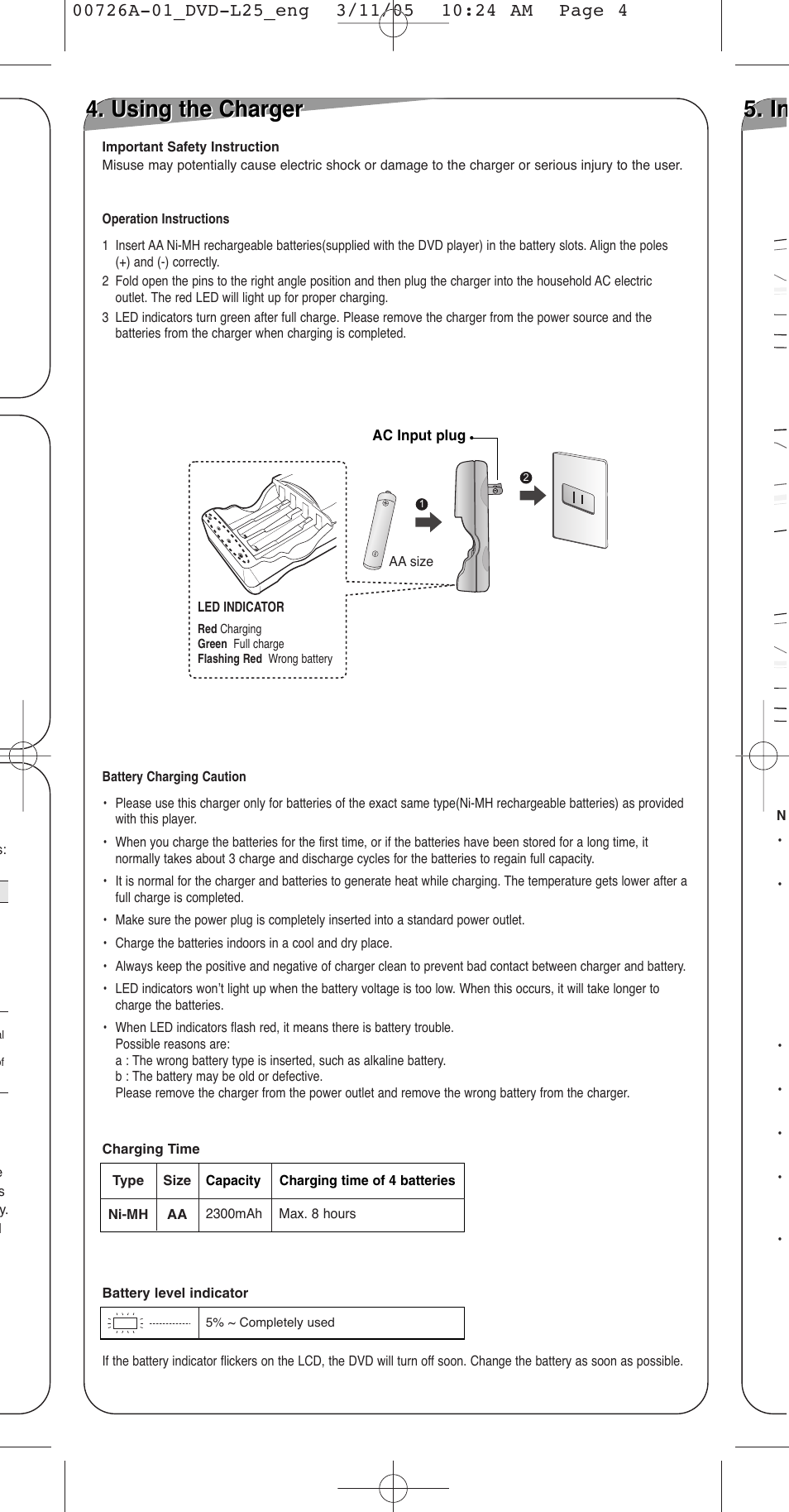 Using the charger | Samsung DVD-L25 User Manual | Page 4 / 12