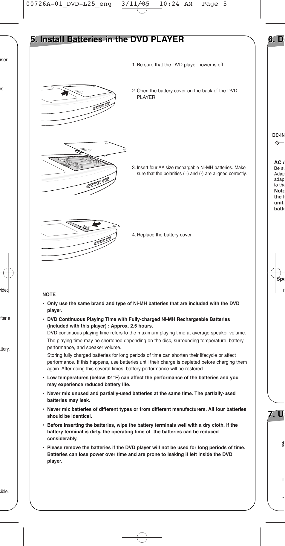 Install batteries in the dvd player, D 6. de | Samsung DVD-L25 User Manual | Page 5 / 12