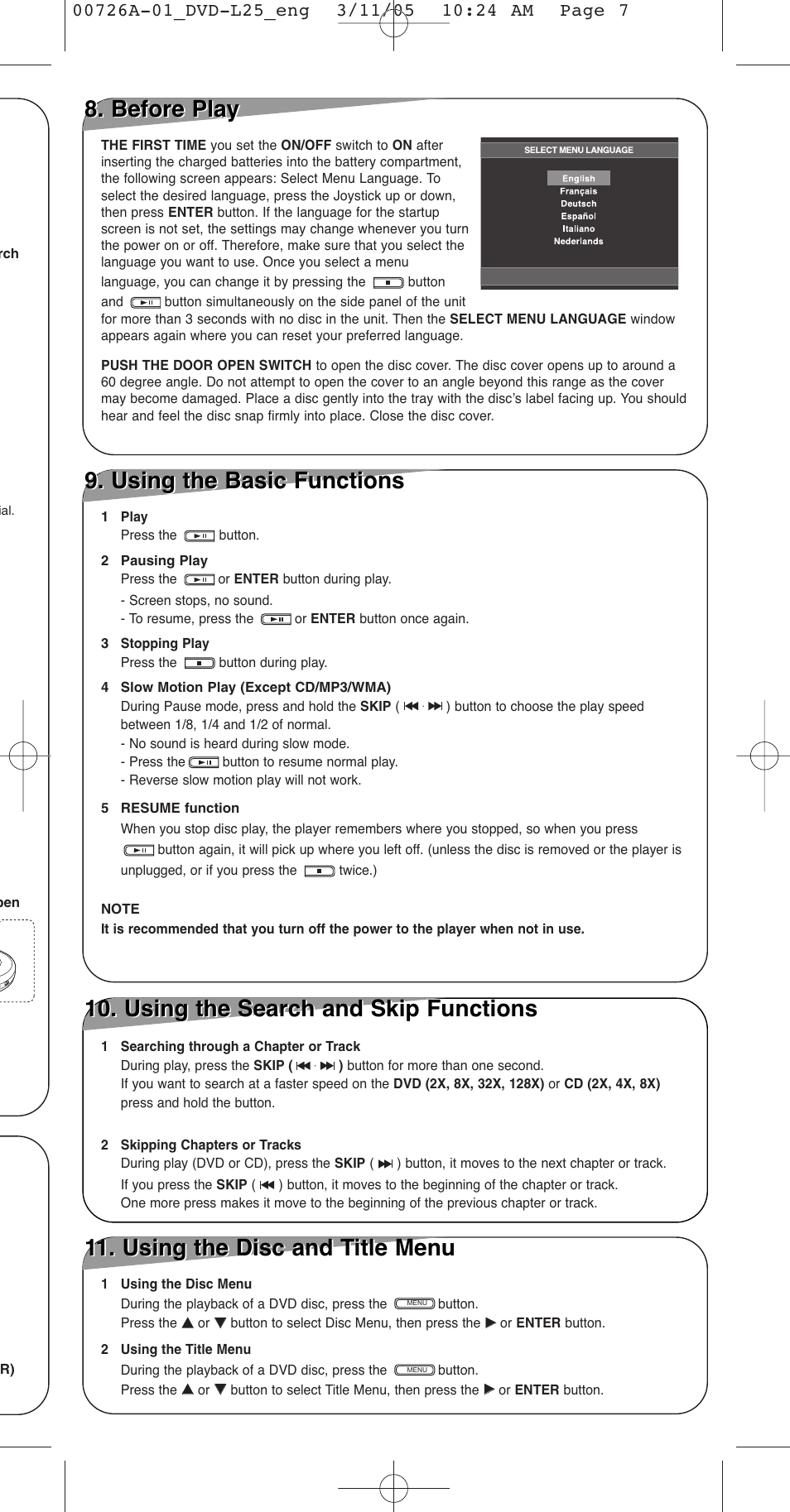 Before play, Using the basic functions, Using the search and skip functions | Using the disc and title menu | Samsung DVD-L25 User Manual | Page 7 / 12