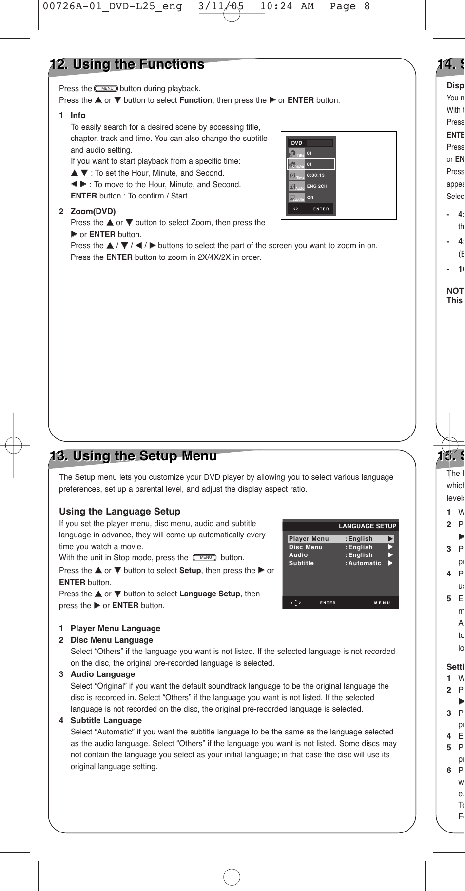 Using the functions, Using the setup menu, S 14. s 14. s | Samsung DVD-L25 User Manual | Page 8 / 12