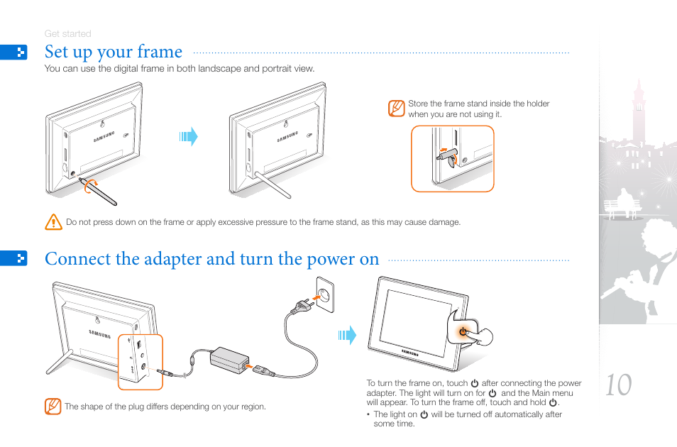 Set up your frame, Connect the adapter and turn the power on | Samsung LP10WSLSB/ZA User Manual | Page 10 / 49