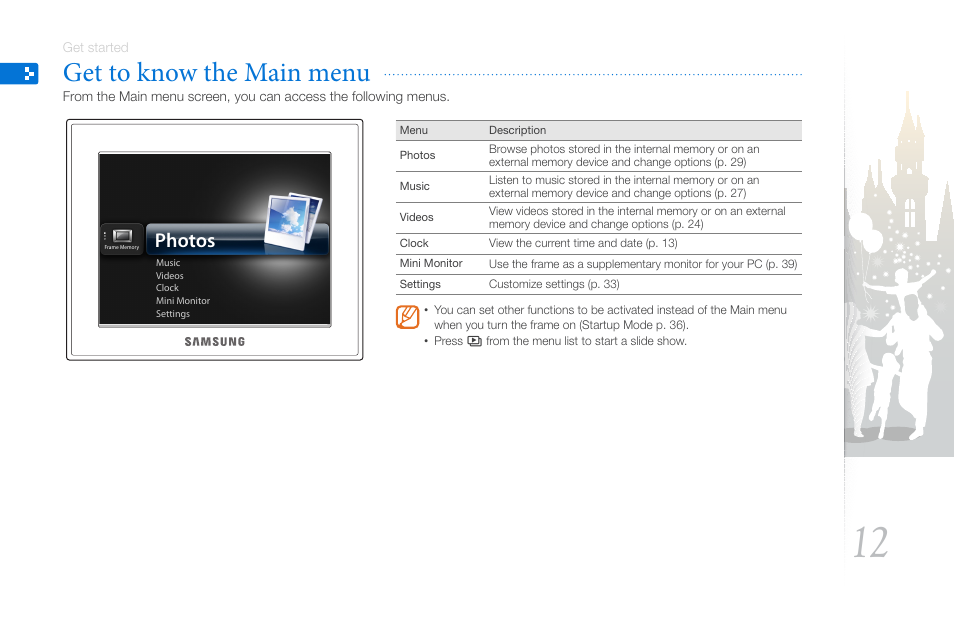 Get to know the main menu, Photos | Samsung LP10WSLSB/ZA User Manual | Page 12 / 49