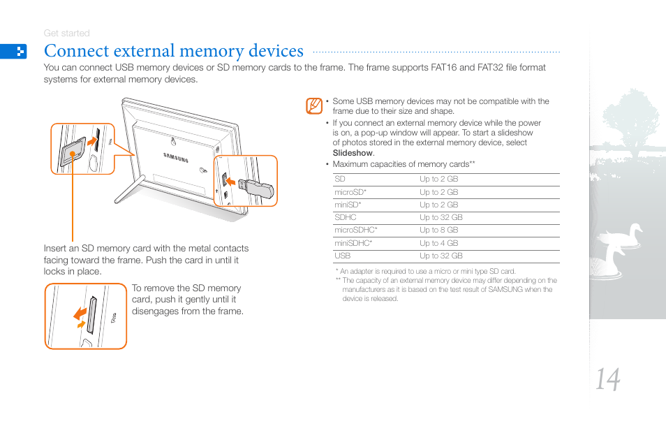 Connect external memory devices | Samsung LP10WSLSB/ZA User Manual | Page 14 / 49