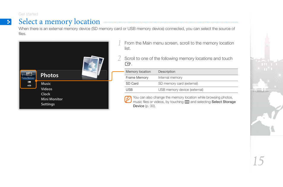 Select a memory location, Photos | Samsung LP10WSLSB/ZA User Manual | Page 15 / 49