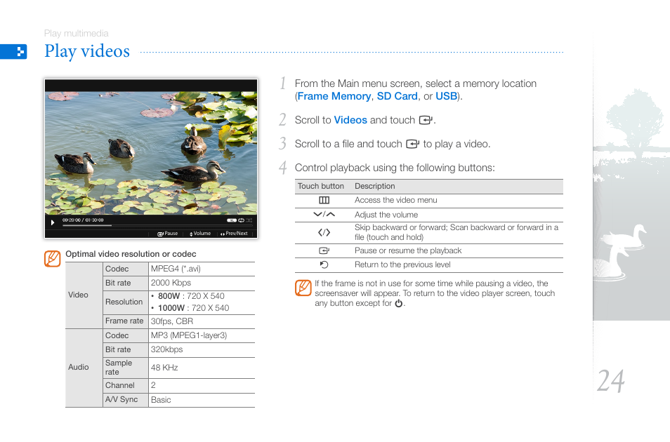 Play videos, Memory device and change options (p. 24) | Samsung LP10WSLSB/ZA User Manual | Page 24 / 49