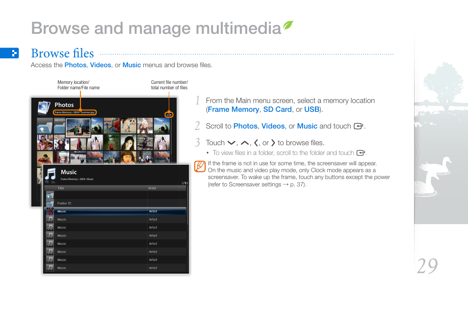 Browse and manage multimedia, Browse files, Nal memory device and change options (p. 29) | Samsung LP10WSLSB/ZA User Manual | Page 29 / 49