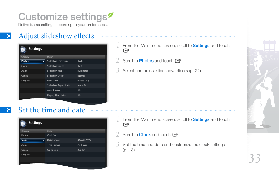 Customize settings, Adjust slideshow effects, Set the time and date | Adjust slideshow effects set the time and date, Customize settings (p. 33), Menu (p. 33) | Samsung LP10WSLSB/ZA User Manual | Page 33 / 49