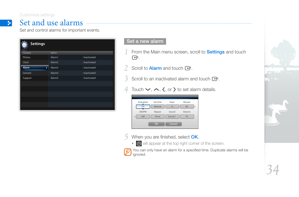 Set and use alarms | Samsung LP10WSLSB/ZA User Manual | Page 34 / 49