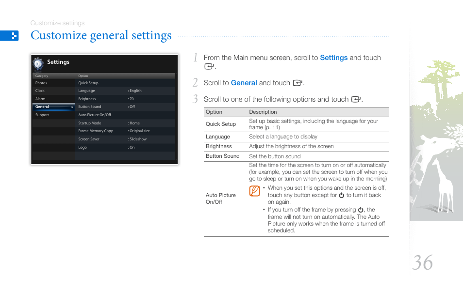 Customize general settings, P. 36), N the frame on (startup mode p. 36) | Samsung LP10WSLSB/ZA User Manual | Page 36 / 49
