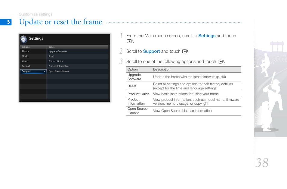 Update or reset the frame | Samsung LP10WSLSB/ZA User Manual | Page 38 / 49