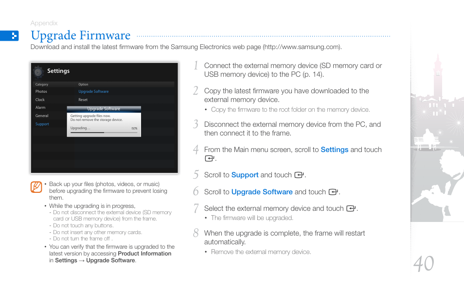 Update firmware, Upgrade firmware | Samsung LP10WSLSB/ZA User Manual | Page 40 / 49