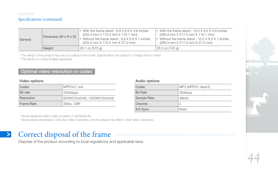 Correct disposal of the frame, P. 44) | Samsung LP10WSLSB/ZA User Manual | Page 44 / 49