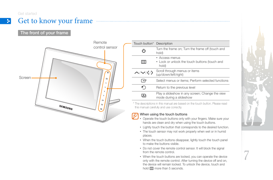 Get to know your frame | Samsung LP10WSLSB/ZA User Manual | Page 7 / 49