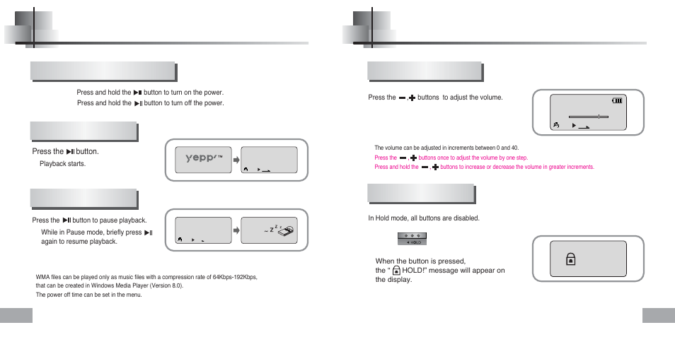 Playing music and turning off the device, Adjusting the volume/hold function | Samsung YEPP Sports YP-60H User Manual | Page 18 / 34