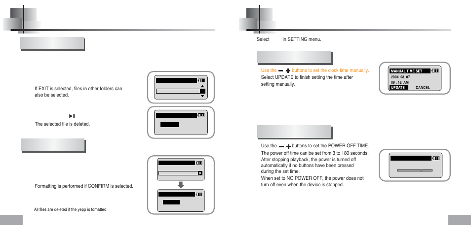 Managing files, Setting times, Setting the environment | Deleting formatting, Watch time set power off time | Samsung YEPP Sports YP-60H User Manual | Page 25 / 34