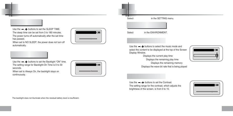 Setting times, Setting the environment, Display | Information contrast, Sleep time backlight time | Samsung YEPP Sports YP-60H User Manual | Page 26 / 34