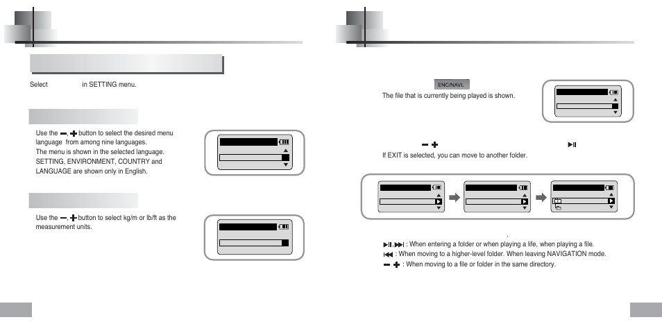 Using navigation, Setting the environment, Up to 256 files can be searched for each folder | Setting additional regional functions, Language unit | Samsung YEPP Sports YP-60H User Manual | Page 28 / 34