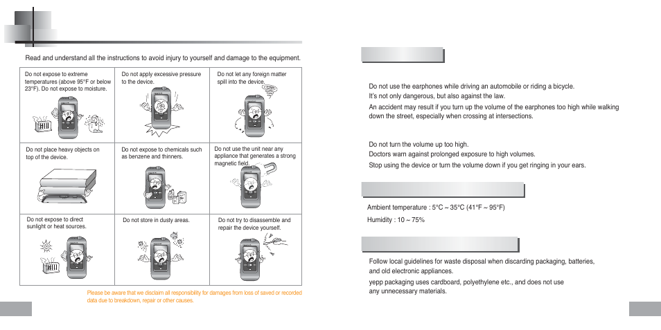 Safety instructions, Battery charger safety, Cautions for recharging | Earphones | Samsung YEPP Sports YP-60H User Manual | Page 3 / 34