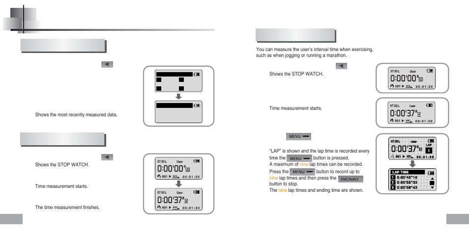 Using sports function, Checking the database stop watch function, Measuring lap time | Samsung YEPP Sports YP-60H User Manual | Page 31 / 34
