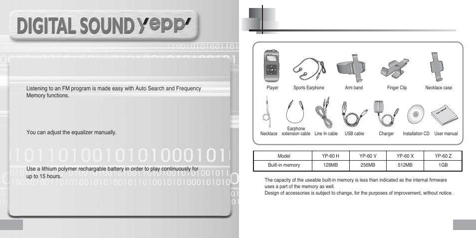 Accessories, Fm reception, Sound | Hour continuous play | Samsung YEPP Sports YP-60H User Manual | Page 6 / 34